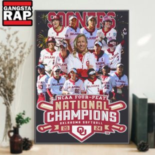 Crimson Oklahoma Sooners Four Peat NCAA Softball Women's Champions Logo Poster Canvas Art