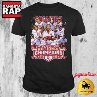 Crimson Oklahoma Sooners Four Peat NCAA Softball Women's Champions Logo T Shirt 1