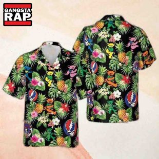 Grateful Dead Logo Bear With Pineapple And Palm Leaves 2024 Summer Hawaiian Shirt Grateful Dead Hawaiian Shirt