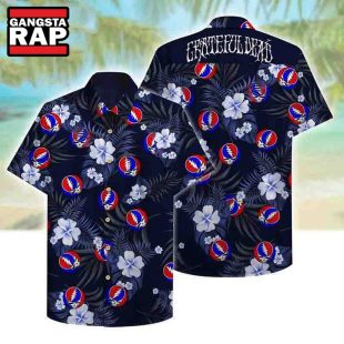 Grateful Dead Logo Tropical Leaf And Flower Black Blue 2024 Summer Hawaiian Shirt Grateful Dead Hawaiian Shirt
