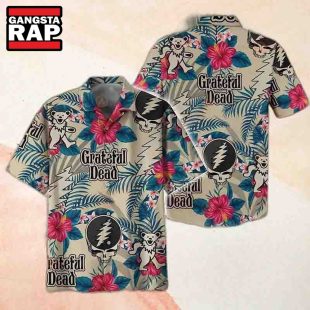 Grateful Dead Logo With Flower And Leaves Pattern 2024 Summer Hawaiian Shirt Grateful Dead Hawaiian Shirt