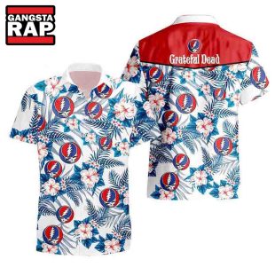 Grateful Dead Rock Band Logo Tropical Leaf And Flower Blue White Red 2024 Summer Hawaiian Shirt Grateful Dead Hawaiian Shirt