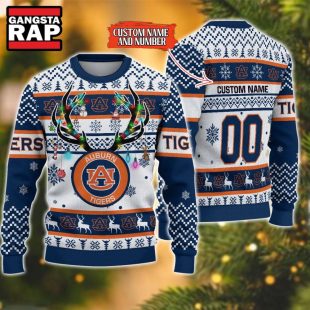 NCAA Auburn Tigers Design Logo Team Reindeer Light Ugly Christmas Sweater