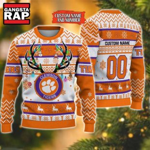 NCAA Clemson Tigers Design Logo Team Reindeer Light Ugly Christmas Sweater