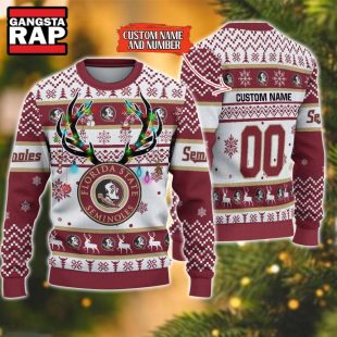 NCAA Florida State Seminoles Design Logo Team Reindeer Light Ugly Christmas Sweater