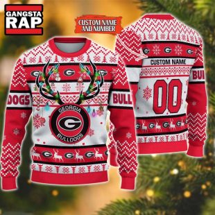 NCAA Georgia Bulldogs Design Logo Team Reindeer Light Ugly Christmas Sweater