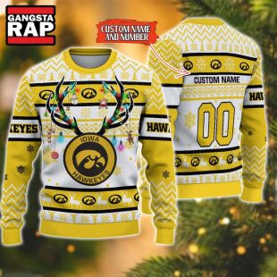 NCAA Iowa Hawkeyes Design Logo Team Reindeer Light Ugly Christmas Sweater