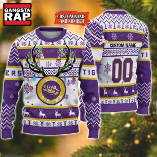 NCAA LSU Tigers Design Logo Team Reindeer Light Ugly Christmas Sweater