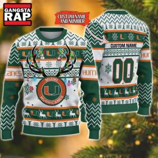 NCAA Miami Hurricanes Design Logo Team Reindeer Light Ugly Christmas Sweater