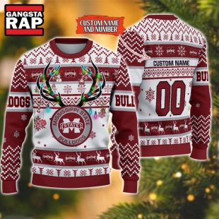 NCAA Mississippi State Bulldogs Design Logo Team Reindeer Light Ugly Christmas Sweater