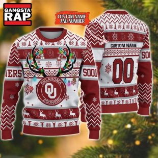 NCAA Oklahoma Sooners Design Logo Team Reindeer Light Ugly Christmas Sweater