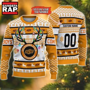 NCAA Oklahoma State Cowboys Design Logo Team Reindeer Light Ugly Christmas Sweater