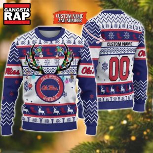 NCAA Ole Miss Rebels Design Logo Team Reindeer Light Ugly Christmas Sweater