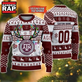 NCAA Texas A&ampM Aggies Design Logo Team Reindeer Light Ugly Christmas Sweater