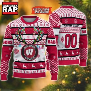 NCAA Wisconsin Badgers Design Logo Team Reindeer Light Ugly Christmas Sweater