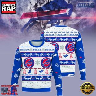 Buffalo Bills Snowflake Christmas Tree Stockings Pattern Blue NFL Christmas Ugly Sweater