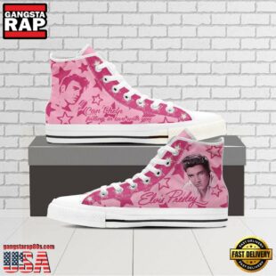 Elvis Presley Photo Print Pink Color High Top Canvas Sneakers Shoes For Women