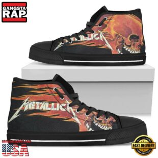 Metallica Flag Motif High Top Canvas Black White Sneakers Shoes