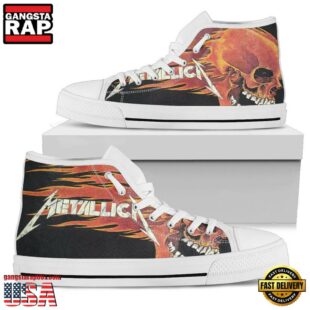 Metallica Flag Motif High Top Canvas Black White Sneakers Shoes