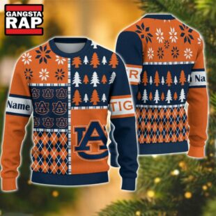 NCAA Auburn Tigers Football Team Xmas Tree Snow Custom Name Ugly Christmas Sweater