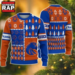 NCAA Boise State Broncos Football Team Xmas Tree Snow Custom Name Ugly Christmas Sweater