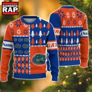 NCAA Florida Gators Football Team Xmas Tree Snow Custom Name Ugly Christmas Sweater