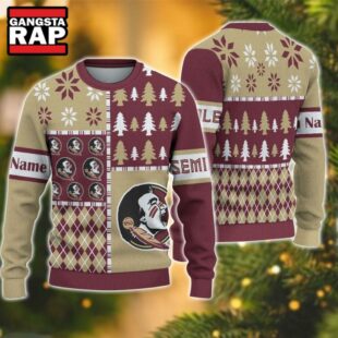 NCAA Florida State Seminoles Football Team Xmas Tree Snow Custom Name Ugly Christmas Sweater