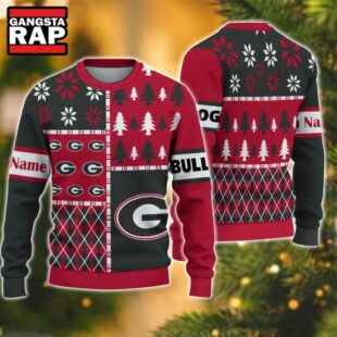 NCAA Georgia Bulldogs Football Team Xmas Tree Snow Custom Name Ugly Christmas Sweater