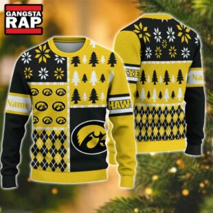 NCAA Iowa Hawkeyes Football Team Xmas Tree Snow Custom Name Ugly Christmas Sweater