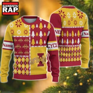 NCAA Iowa State Cyclones Football Team Xmas Tree Snow Custom Name Ugly Christmas Sweater