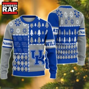 NCAA Kentucky Wildcats Football Team Xmas Tree Snow Custom Name Ugly Christmas Sweater