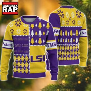 NCAA LSU Tigers Football Team Xmas Tree Snow Custom Name Ugly Christmas Sweater