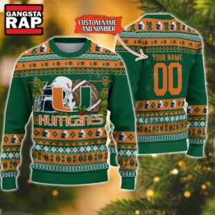 NCAA Miami Hurricanes Football Team Custom Name Number New Ugly Christmas Sweater