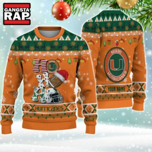 NCAA Miami Hurricanes Football Team HO HO HO Santa Claus Ugly Christmas Sweater