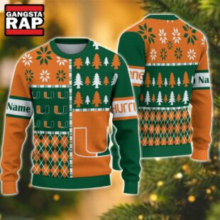 NCAA Miami Hurricanes Football Team Xmas Tree Snow Custom Name Ugly Christmas Sweater