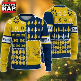 NCAA Michigan Wolverines Football Team Xmas Tree Snow Custom Name Ugly Christmas Sweater