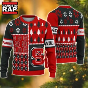 NCAA NC State Wolfpack Football Team Xmas Tree Snow Custom Name Ugly Christmas Sweater