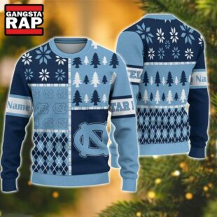 NCAA North Carolina Tar Heels Football Team Xmas Tree Snow Custom Name Ugly Christmas Sweater