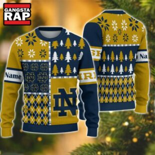 NCAA Notre Dame Fighting Irish Football Team Xmas Tree Snow Custom Name Ugly Christmas Sweater