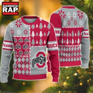 NCAA Ohio State Buckeyes Football Team Xmas Tree Snow Custom Name Ugly Christmas Sweater