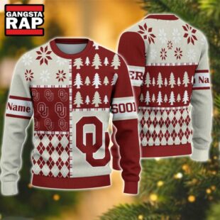 NCAA Oklahoma Sooners Football Team Xmas Tree Snow Custom Name Ugly Christmas Sweater