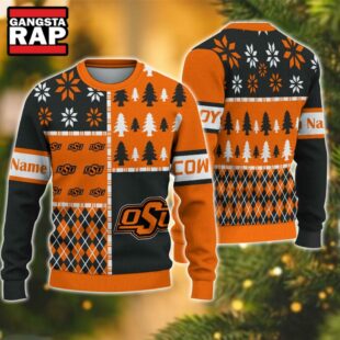 NCAA Oklahoma State Cowboys Football Team Xmas Tree Snow Custom Name Ugly Christmas Sweater