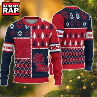 NCAA Ole Miss Rebels Football Team Xmas Tree Snow Custom Name Ugly Christmas Sweater