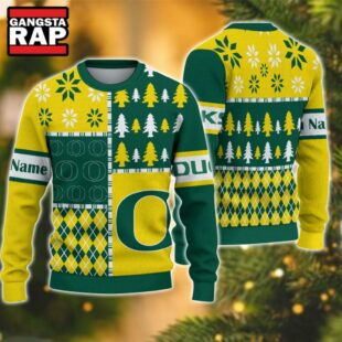 NCAA Oregon Ducks Football Team Xmas Tree Snow Custom Name Ugly Christmas Sweater