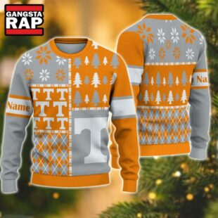 NCAA Tennessee Volunteers Football Team Xmas Tree Snow Custom Name Ugly Christmas Sweater