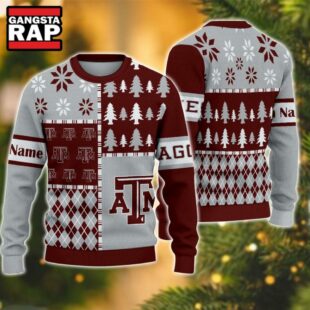 NCAA Texas A&ampM Aggies Football Team Xmas Tree Snow Custom Name Ugly Christmas Sweater