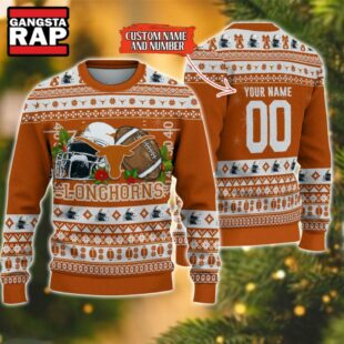 NCAA Texas Longhorns Football Team Custom Name Number New Ugly Christmas Sweater