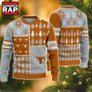 NCAA Texas Longhorns Football Team Xmas Tree Snow Custom Name Ugly Christmas Sweater