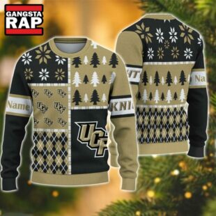 NCAA UCF Knights Football Team Xmas Tree Snow Custom Name Ugly Christmas Sweater