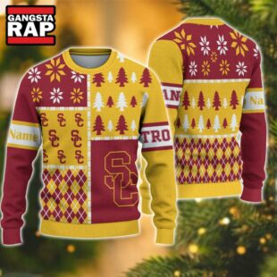 NCAA USC Trojans Football Team Xmas Tree Snow Custom Name Ugly Christmas Sweater